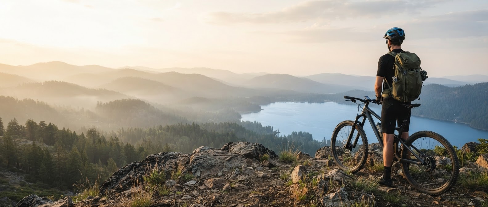 Mountain biker overlooking a lake and ridgelines at golden hour